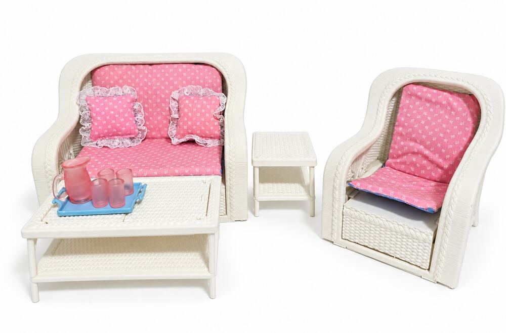 Vintage Barbie Wicker Living Room Set Couch Table Chair Furniture Mattel 1983